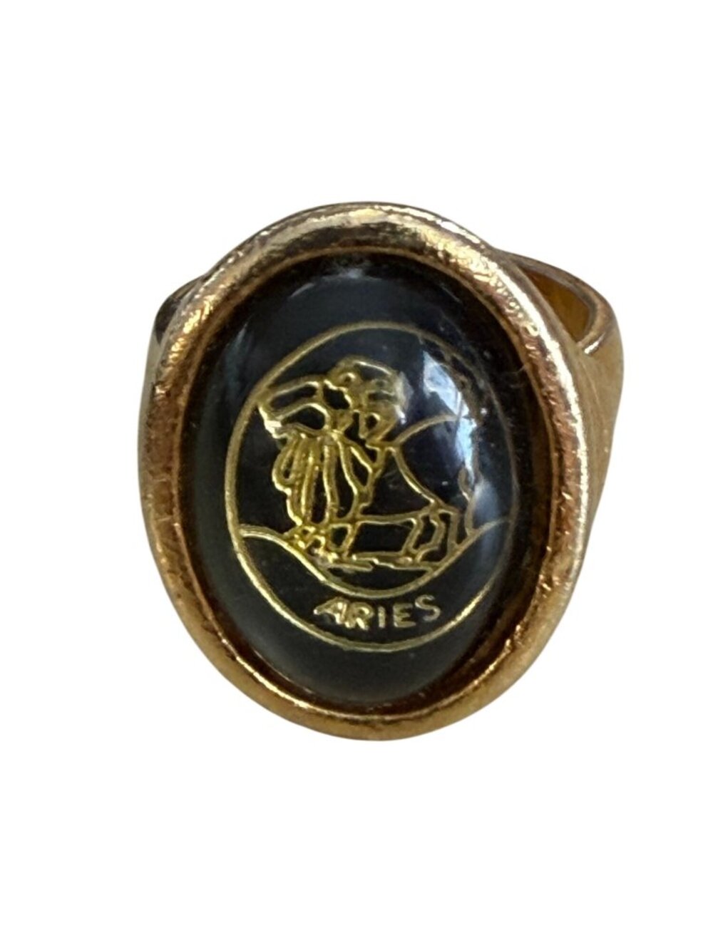 Vintage Aries Zodiac Astrology Reverse Intaglio Ring, Gold Tone, Size 9